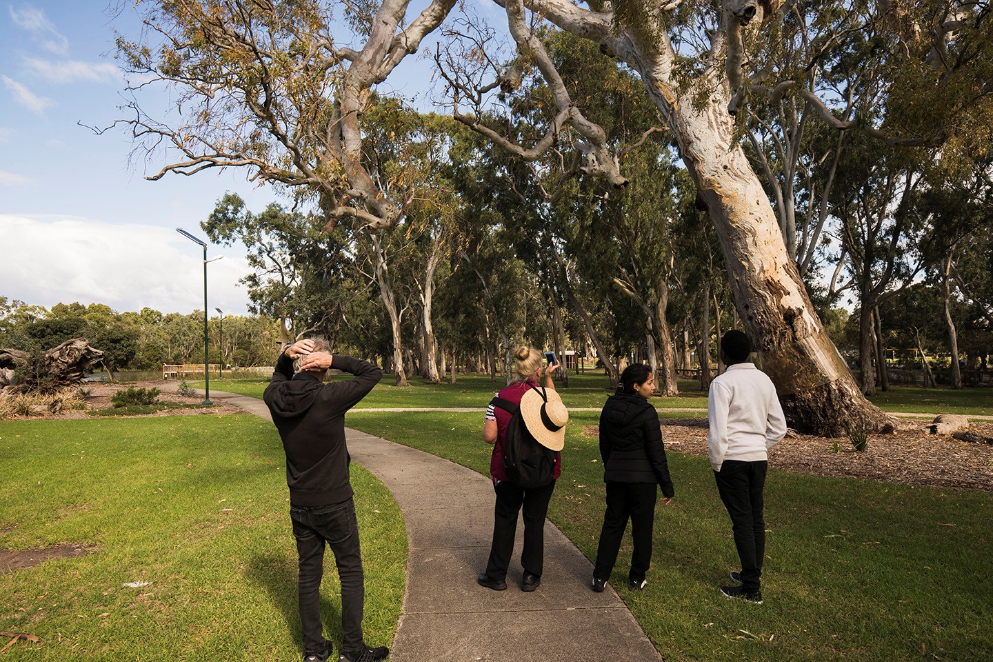 Group of people walking through parklands