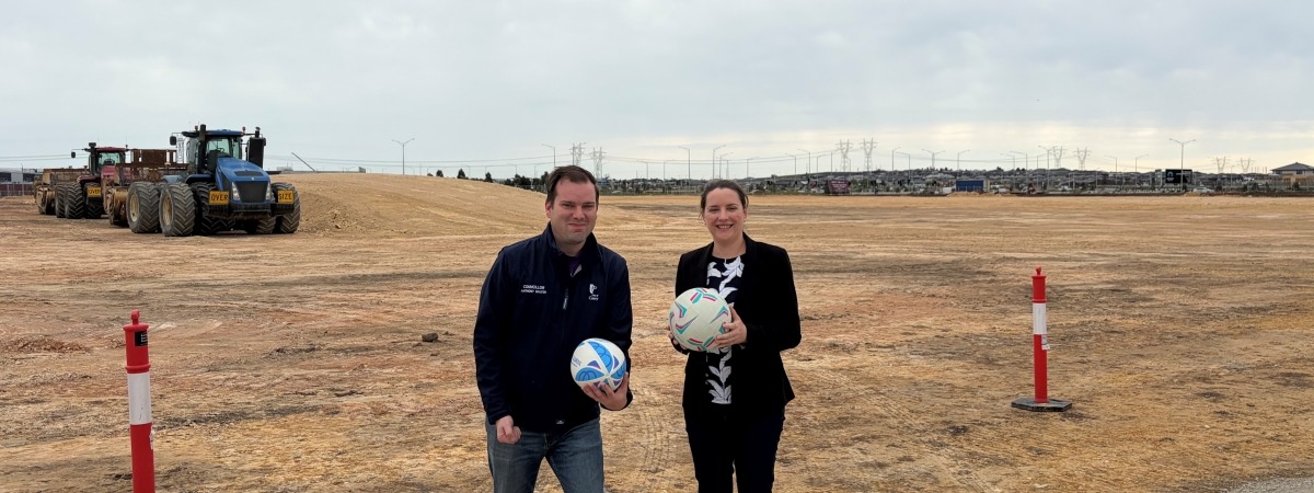 Deputy Mayor and Dillwynia Ward Cr Anthony Walter and Mayor Cr Michelle Crowther at the new Bells Road Active Open Space site. 