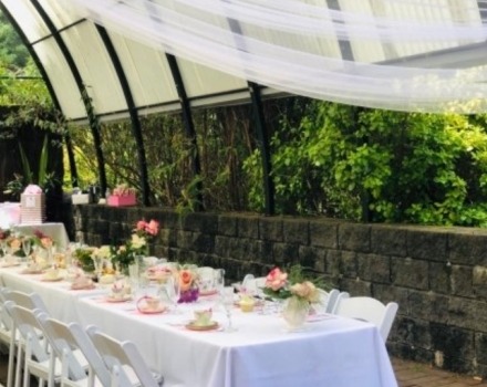 Table in garden with concrete blocks