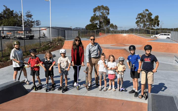 Mayor Kooman and Cr Dizon with local kids at the skate park