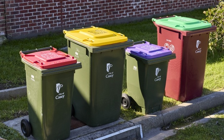 Four bins on a nature strip. general rubbish with a red lid, recycling with a yellow lid, glass recycling with a purple lid and FOGO with a green lid. 