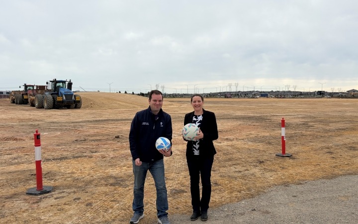 Deputy Mayor and Dillwynia Ward Cr Anthony Walter and Mayor Cr Michelle Crowther at the new Bells Road Active Open Space site. 